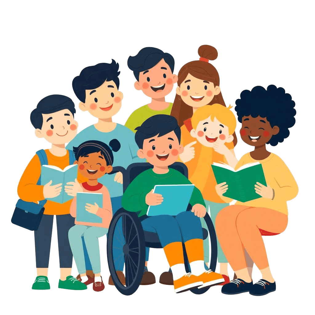 Diverse group of students learning together, including a child in a wheelchair